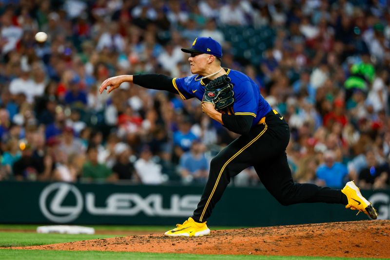 Aug 2, 2024; Seattle, Washington, USA; Seattle Mariners starting pitcher Bryan Woo (22) throws against the Philadelphia Phillies during the seventh inning at T-Mobile Park. Mandatory Credit: Joe Nicholson-USA TODAY Sports