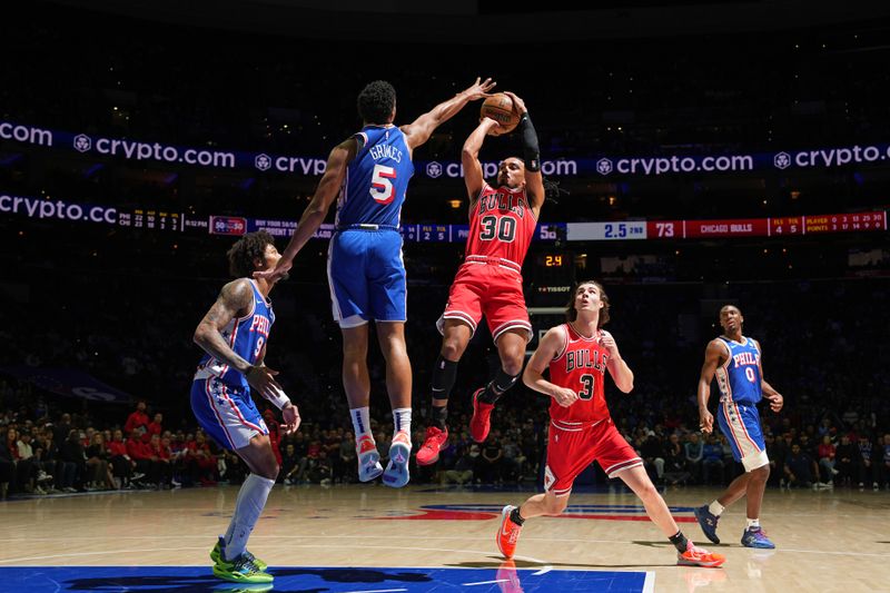 PHILADELPHIA, PA - FEBRUARY 24: Tre Jones #30 of the Chicago Bulls shoots the ball during the game against the Philadelphia 76ers on February 24, 2025 at the Wells Fargo Center in Philadelphia, Pennsylvania NOTE TO USER: User expressly acknowledges and agrees that, by downloading and/or using this Photograph, user is consenting to the terms and conditions of the Getty Images License Agreement. Mandatory Copyright Notice: Copyright 2025 NBAE (Photo by Jesse D. Garrabrant/NBAE via Getty Images)