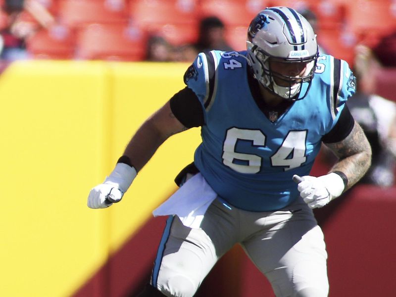 Carolina Panthers guard Cade Mays (64) blocks during an NFL football game against the Washington Commanders, Saturday, Aug. 13, 2022 in Landover. (AP Photo/Daniel Kucin Jr.)