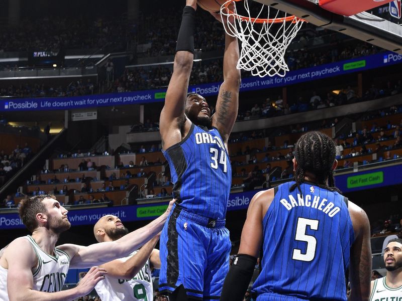 ORLANDO, FL - APRIL 25: Wendell Carter Jr. #34 of the Orlando Magic dunks the ball during the game against the Boston Celtics during Round 1 Game 3 of the 2025 NBA Playoffs on April 25, 2025 at Kia Center in Orlando, Florida. NOTE TO USER: User expressly acknowledges and agrees that, by downloading and or using this photograph, User is consenting to the terms and conditions of the Getty Images License Agreement. Mandatory Copyright Notice: Copyright 2025 NBAE(Photo by Gary Bassing/NBAE via Getty Images)