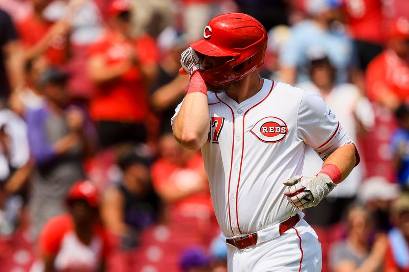 Jul 11, 2024; Cincinnati, Ohio, USA; Cincinnati Reds designated hitter Tyler Stephenson (37) runs the bases after hitting a two-run home run in the seventh inning against the Colorado Rockies at Great American Ball Park. Mandatory Credit: Katie Stratman-USA TODAY Sports