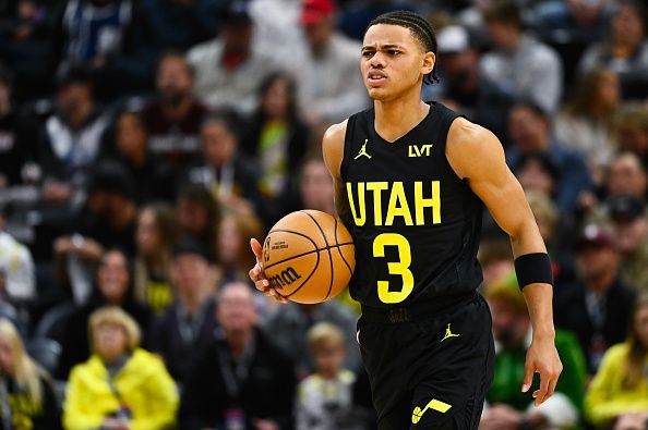 SALT LAKE CITY, UTAH - NOVEMBER 19: Keyonte George #3 of the Utah Jazz in action during the first half of a game against the Phoenix Suns at Delta Center on November 19, 2023 in Salt Lake City, Utah. NOTE TO USER: User expressly acknowledges and agrees that, by downloading and or using this photograph, User is consenting to the terms and conditions of the Getty Images License Agreement. (Photo by Alex Goodlett/Getty Images)