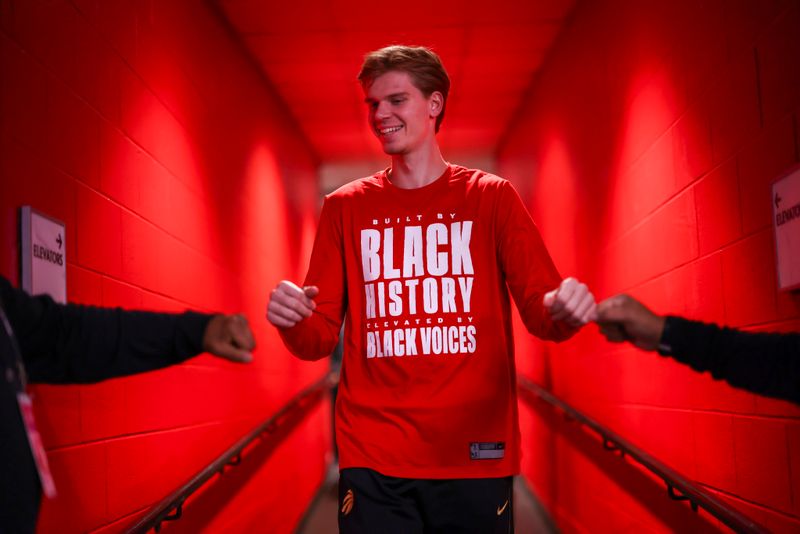 TORONTO, CANADA - FEBRUARY 22: Gradey Dick #1 of the Toronto Raptors is introduced before the game against the Brooklyn Nets on February 22, 2024 at the Scotiabank Arena in Toronto, Ontario, Canada.  NOTE TO USER: User expressly acknowledges and agrees that, by downloading and or using this Photograph, user is consenting to the terms and conditions of the Getty Images License Agreement.  Mandatory Copyright Notice: Copyright 2024 NBAE (Photo by Vaughn Ridley/NBAE via Getty Images)