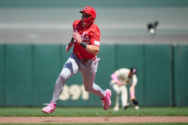 May 12, 2024; San Francisco, California, USA; Cincinnati Reds outfielder Spencer Steer (7) runs the bases against the San Francisco Giants during the seventh inning at Oracle Park. Mandatory Credit: Robert Edwards-USA TODAY Sports