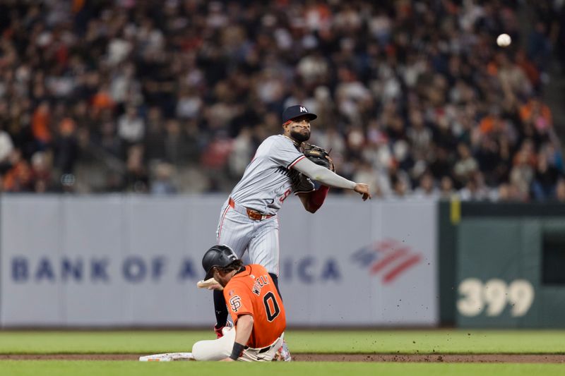 Jul 12, 2024; San Francisco, California, USA; Minnesota Twins second baseman Willi Castro (50) throws to first base after tagging San Francisco Giants shortstop Brett Wisely (0) for a double play during the eighth inning at Oracle Park. Mandatory Credit: John Hefti-USA TODAY Sports