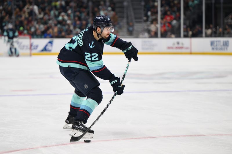 Dec 12, 2023; Seattle, Washington, USA; Seattle Kraken right wing Oliver Bjorkstrand (22) shoots the puck against the Florida Panthers during the second period at Climate Pledge Arena. Mandatory Credit: Steven Bisig-USA TODAY Sports