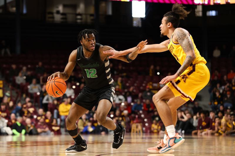 Dec 22, 2022; Minneapolis, Minnesota, USA; Chicago State Cougars guard Brent Davis (12) dribbles the ball while Minnesota Golden Gophers guard Braeden Carrington (4) defends during the second half at Williams Arena. Mandatory Credit: Matt Krohn-USA TODAY Sports