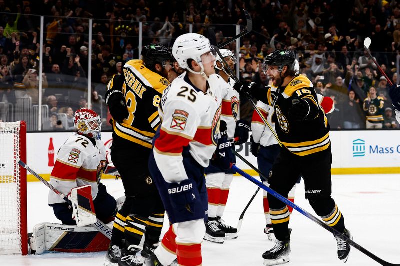 Mar 11, 2025; Boston, Massachusetts, USA; Boston Bruins center Pavel Zacha (18) celebrates his go ahead goal against the Florida Panthers during the third period at TD Garden. Mandatory Credit: Winslow Townson-Imagn Images