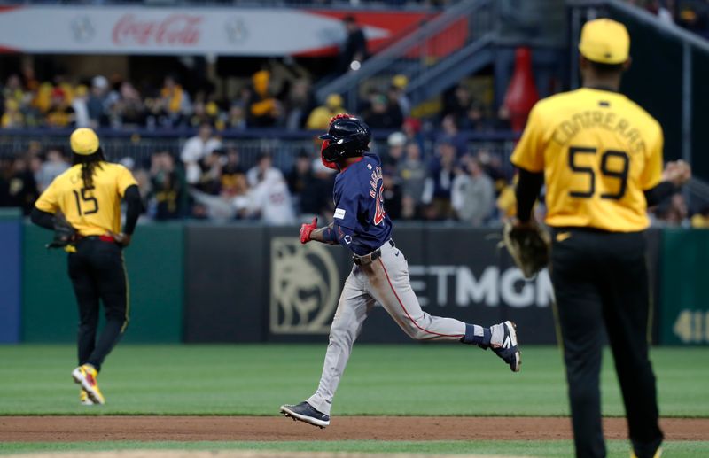 Apr 19, 2024; Pittsburgh, Pennsylvania, USA;  Boston Red Sox shortstop Ceddanne Rafaela (43) circles the bases on a solo home run against Pittsburgh Pirates relief pitcher Roansy Contreras (59) during the sixth inning at PNC Park. Mandatory Credit: Charles LeClaire-USA TODAY Sports