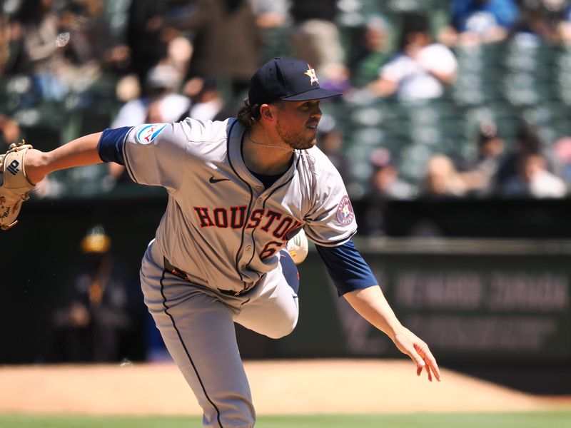 May 25, 2024; Oakland, California, USA; Houston Astros pitcher Parker Mushinski (67) pitches the ball against the Oakland Athletics during the seventh inning at Oakland-Alameda County Coliseum. Mandatory Credit: Kelley L Cox-USA TODAY Sports