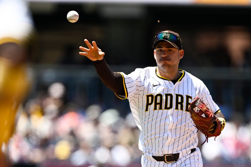 Jun 25, 2025; San Diego, California, USA; San Diego Padres second baseman Jose Iglesias (7) throws out Washington Nationals left fielder James Wood (29) at first base during the fourth inning  at Petco Park. Mandatory Credit: Denis Poroy-Imagn Images