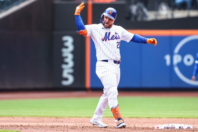 Apr 13, 2024; New York City, New York, USA;  New York Mets designated hitter DJ Stewart (29) reacts after hitting an RBI double in the first inning against the Kansas City Royals at Citi Field. Mandatory Credit: Wendell Cruz-USA TODAY Sports