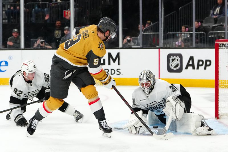 Feb 5, 2026; Las Vegas, Nevada, USA; Los Angeles Kings goaltender Anton Forsberg (31) makes a save against Vegas Golden Knights center Jack Eichel (9) during the second period at T-Mobile Arena. Mandatory Credit: Stephen R. Sylvanie-Imagn Images