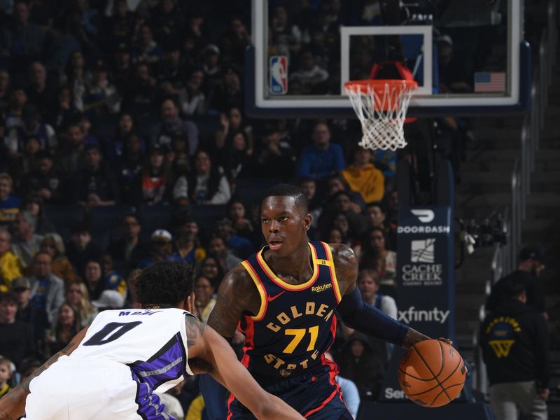 SAN FRANCISCO, CA - JANUARY 5:  Dennis Schroder #71 of the Golden State Warriors handles the ball during the game against the Sacramento Kings on January 5, 2025 at Chase Center in San Francisco, California. NOTE TO USER: User expressly acknowledges and agrees that, by downloading and or using this photograph, user is consenting to the terms and conditions of Getty Images License Agreement. Mandatory Copyright Notice: Copyright 2025 NBAE (Photo by Noah Graham/NBAE via Getty Images)