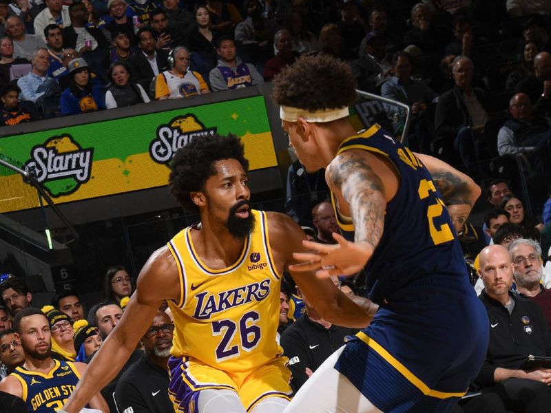 SAN FRANCISCO, CA - FEBRUARY 22:  Spencer Dinwiddie #26 of the Los Angeles Lakers goes to the basket during the game  on February 22, 2024 at Chase Center in San Francisco, California. NOTE TO USER: User expressly acknowledges and agrees that, by downloading and or using this photograph, user is consenting to the terms and conditions of Getty Images License Agreement. Mandatory Copyright Notice: Copyright 2024 NBAE (Photo by Noah Graham/NBAE via Getty Images)