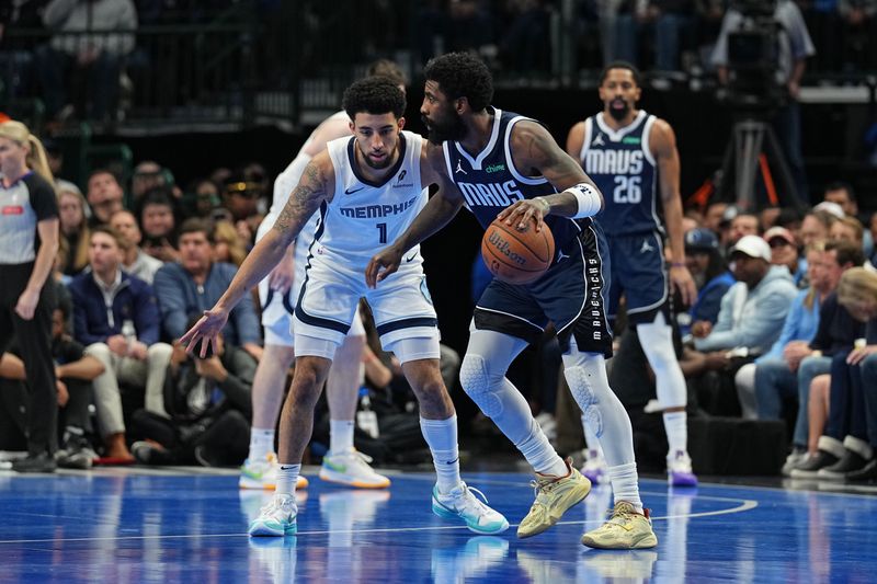 DALLAS, TX - DECEMBER 3: Kyrie Irving #11 of the Dallas Mavericks dribbles the ball during the game against the Memphis Grizzlies during a Emirates NBA Cup game on December 3, 2024 at American Airlines Center in Dallas, Texas. NOTE TO USER: User expressly acknowledges and agrees that, by downloading and or using this photograph, User is consenting to the terms and conditions of the Getty Images License Agreement. Mandatory Copyright Notice: Copyright 2024 NBAE (Photo by Glenn James/NBAE via Getty Images)