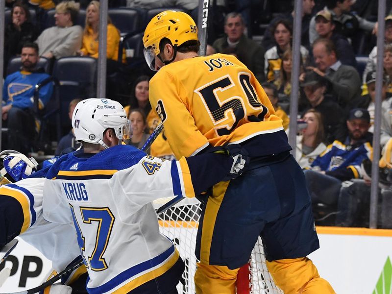 Apr 4, 2024; Nashville, Tennessee, USA; Nashville Predators defenseman Roman Josi (59) is hit into the net by St. Louis Blues defenseman Torey Krug (47) during the third period at Bridgestone Arena. Mandatory Credit: Christopher Hanewinckel-USA TODAY Sports