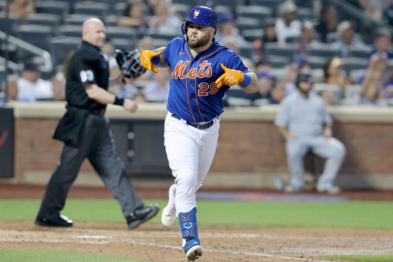 Jul 18, 2023; New York City, New York, USA; New York Mets designated hitter DJ Stewart (29) reacts as he rounds the bases after hitting a solo home run against the Chicago White Sox during the fourth inning at Citi Field. Mandatory Credit: Brad Penner-USA TODAY Sports