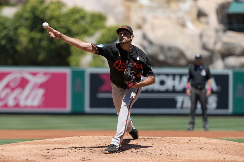 May 11, 2025; Anaheim, California, USA; Baltimore Orioles starting pitcher Zach Eflin (24) throws in the first inning against the Los Angeles Angels at Angel Stadium. Mandatory Credit: Kirby Lee-Imagn Images