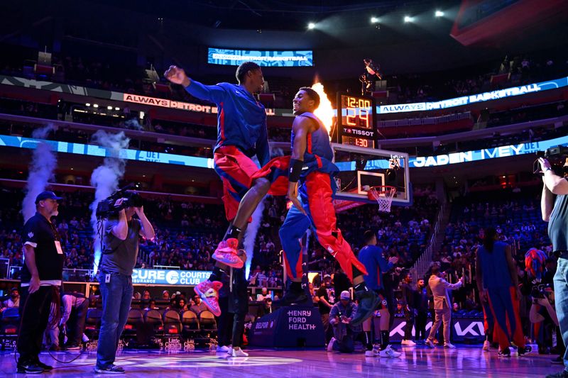 DETROIT, MI - MARCH 13: Detroit Pistons celebrates before the game against the Toronto Raptors on March 13, 2024 at Little Caesars Arena in Detroit, Michigan. NOTE TO USER: User expressly acknowledges and agrees that, by downloading and/or using this photograph, User is consenting to the terms and conditions of the Getty Images License Agreement. Mandatory Copyright Notice: Copyright 2024 NBAE (Photo by Chris Schwegler/NBAE via Getty Images)