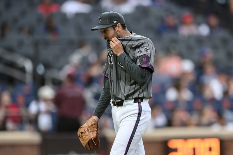 Jun 29, 2024; New York City, New York, USA; New York Mets pitcher Danny Young (81) reacts after leaving the mound during the ninth inning against the Houston Astros at Citi Field. Mandatory Credit: John Jones-USA TODAY Sports