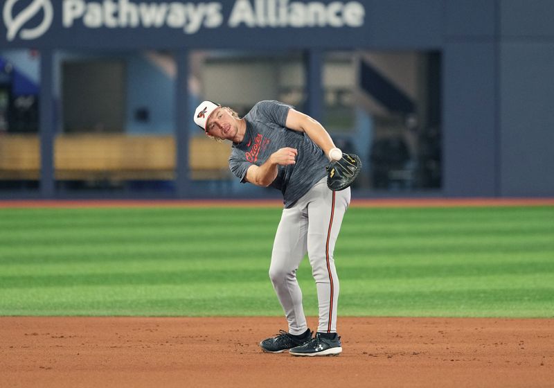 Aug 6, 2024; Toronto, Ontario, CAN; Baltimore Orioles shortstop Gunnar Henderson (2) throws a ball to first base during batting practice before a game against the Toronto Blue Jays at Rogers Centre. Mandatory Credit: Nick Turchiaro-USA TODAY Sports