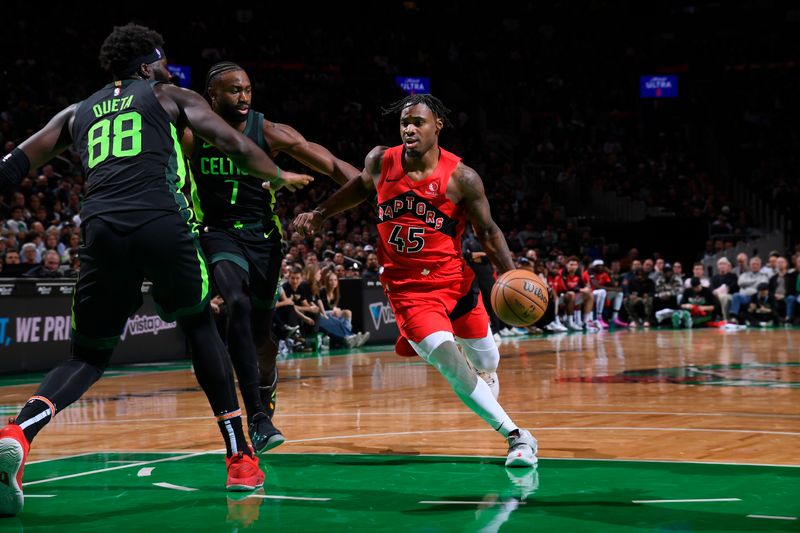 BOSTON, MA - NOVEMBER 16: Davion Mitchell #45 of the Toronto Raptors dribbles the ball during the game against the Boston Celtics on November 16, 2024 at TD Garden in Boston, Massachusetts. NOTE TO USER: User expressly acknowledges and agrees that, by downloading and/or using this Photograph, user is consenting to the terms and conditions of the Getty Images License Agreement. Mandatory Copyright Notice: Copyright 2024 NBAE (Photo by Brian Babineau/NBAE via Getty Images)