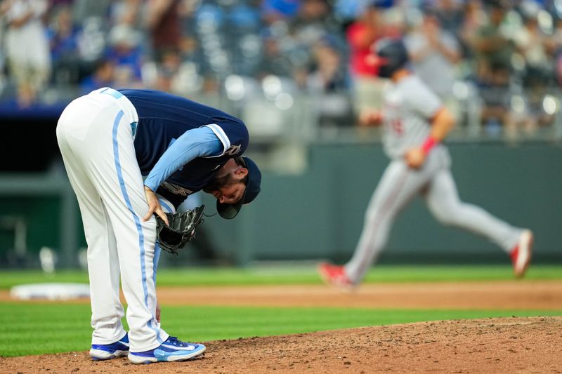 May 26, 2023; Kansas City, Missouri, USA; Kansas City Royals starting pitcher Jordan Lyles (24) reacts after giving up a home run during the sixth inning against the Washington Nationals at Kauffman Stadium. Mandatory Credit: Jay Biggerstaff-USA TODAY Sports