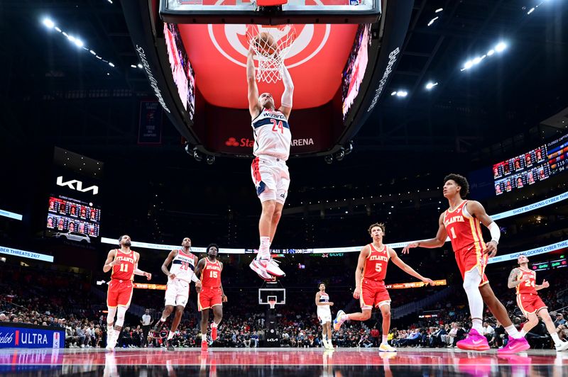 ATLANTA, GA - OCTOBER 28:  Corey Kispert #24 of the Washington Wizards on October 28, 2024 at State Farm Arena in Atlanta, Georgia.  NOTE TO USER: User expressly acknowledges and agrees that, by downloading and/or using this Photograph, user is consenting to the terms and conditions of the Getty Images License Agreement. Mandatory Copyright Notice: Copyright 2024 NBAE (Photo by Adam Hagy/NBAE via Getty Images)