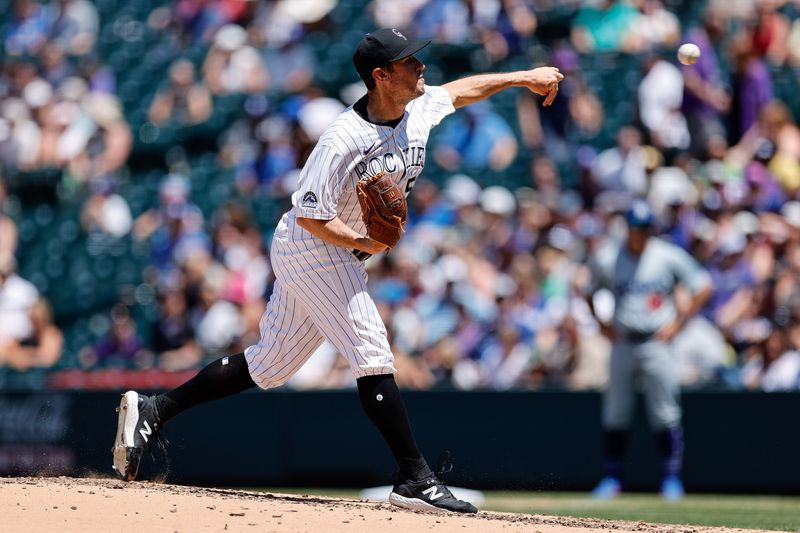 Jun 20, 2024; Denver, Colorado, USA; Colorado Rockies starting pitcher Ty Blach (50) pitches in the fourth inning against the Los Angeles Dodgers at Coors Field. Mandatory Credit: Isaiah J. Downing-USA TODAY Sports