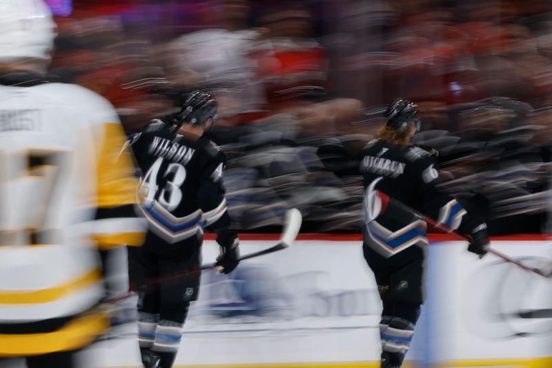 Jan 18, 2025; Washington, District of Columbia, USA; Washington Capitals defenseman Jakob Chychrun (6) celebrates with teammates after scoring a goal against the Pittsburgh Penguins in the first period at Capital One Arena. Mandatory Credit: Geoff Burke-Imagn Images