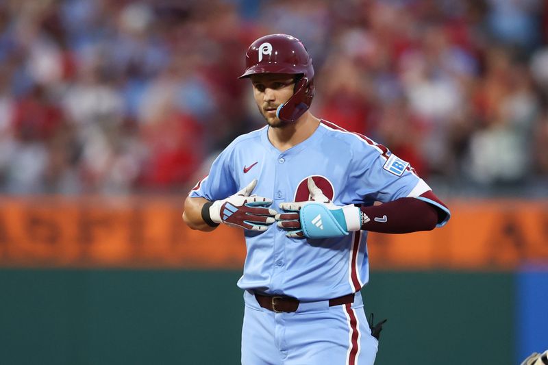 Aug 15, 2024; Philadelphia, Pennsylvania, USA; Philadelphia Phillies shortstop Trea Turner (7) reacts after hitting a two RBI double during the fourth inning against the Washington Nationals at Citizens Bank Park. Mandatory Credit: Bill Streicher-USA TODAY Sports