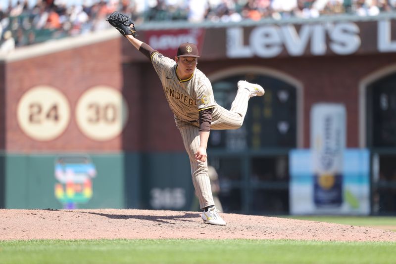 Jun 5, 2025; San Francisco, California, USA; San Diego Padres relief pitcher Yuki Matsui (1) pitches the ball against the San Francisco Giants during the eighth inning at Oracle Park. Mandatory Credit: Kelley L Cox-Imagn Images