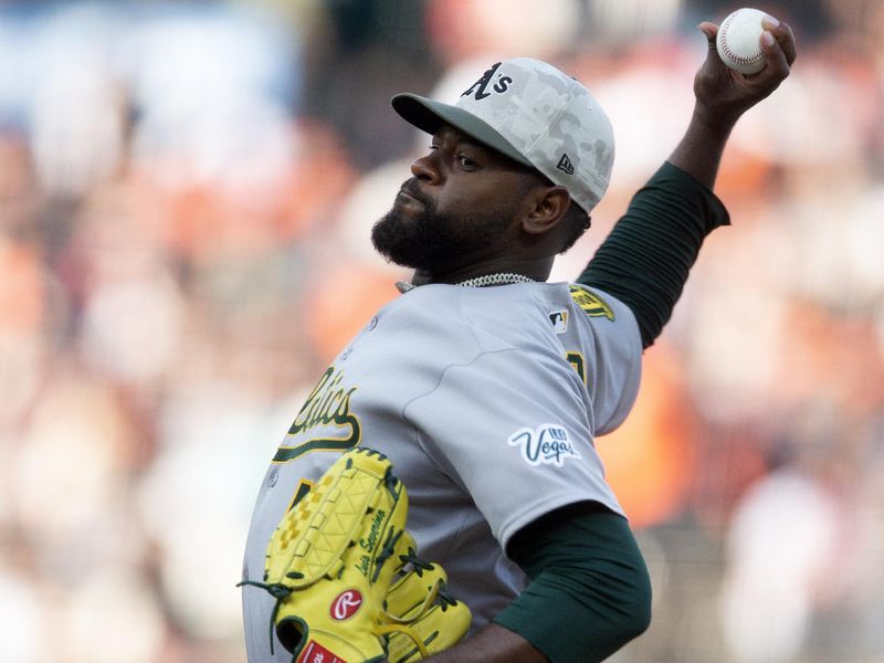 May 17, 2025; San Francisco, California, USA; Athletics starting pitcher Luis Severino (40) delivers a pitch against the San Francisco Giants during the second inning at Oracle Park. Mandatory Credit: D. Ross Cameron-Imagn Images