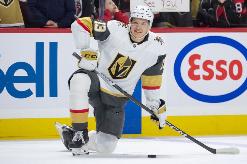 Feb 24, 2024; Ottawa, Ontario, CAN; Vegas Golden Knights center Jakub Demek (13) participates in warmup in the NHL game against the Ottawa Senators at the Canadian Tire Centre. Mandatory Credit: Marc DesRosiers-USA TODAY Sports