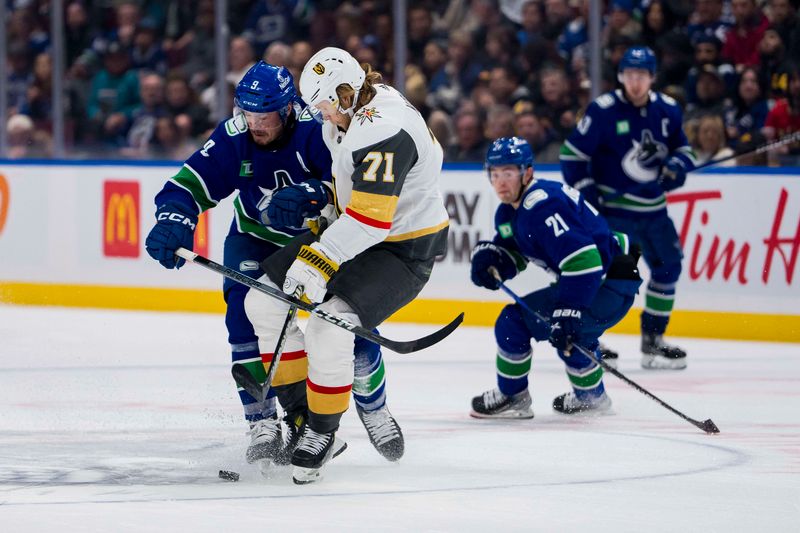 Nov 30, 2023; Vancouver, British Columbia, CAN; Vancouver Canucks forward J.T. Miller (9) checks Vegas Golden Knights forward William Karlsson (71) in the second period at Rogers Arena. Mandatory Credit: Bob Frid-USA TODAY Sports