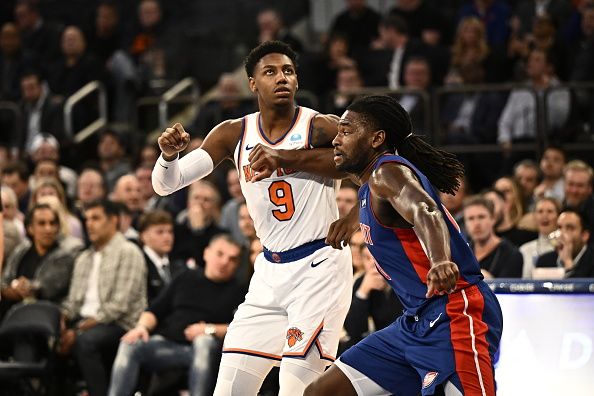 NEW YORK, NY - NOVEMBER 30: RJ Barrett #9 of the New York Knicks looks on during the game against the Detroit Pistons on November 30, 2023 at Madison Square Garden in New York City, New York.  NOTE TO USER: User expressly acknowledges and agrees that, by downloading and or using this photograph, User is consenting to the terms and conditions of the Getty Images License Agreement. Mandatory Copyright Notice: Copyright 2023 NBAE  (Photo by David Dow/NBAE via Getty Images)