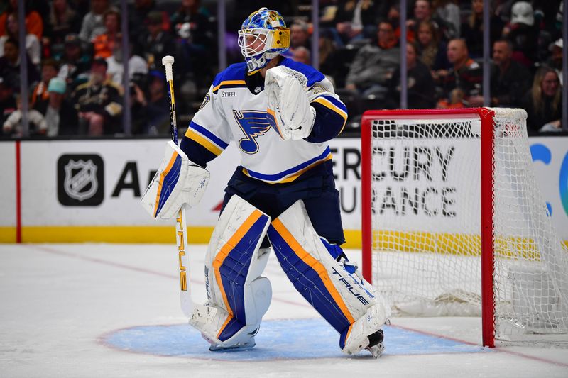 Apr 7, 2024; Anaheim, California, USA; St. Louis Blues goaltender Jordan Binnington (50) defends the goal against the Anaheim Ducks during the second period at Honda Center. Mandatory Credit: Gary A. Vasquez-USA TODAY Sports