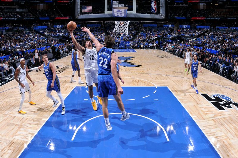 ORLANDO, FL - MARCH 13: Jalen Wilson #22 of the Brooklyn Nets drives to the basket during the game against the Orlando Magic on March 13, 2024 at the Kia Center in Orlando, Florida. NOTE TO USER: User expressly acknowledges and agrees that, by downloading and or using this photograph, User is consenting to the terms and conditions of the Getty Images License Agreement. Mandatory Copyright Notice: Copyright 2024 NBAE (Photo by Fernando Medina/NBAE via Getty Images)