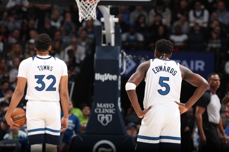 MINNEAPOLIS, MN -  FEBRUARY 4: Anthony Edwards #5 of the Minnesota Timberwolves looks on during the game against the Houston Rockets on February 4, 2024 at Target Center in Minneapolis, Minnesota. NOTE TO USER: User expressly acknowledges and agrees that, by downloading and or using this Photograph, user is consenting to the terms and conditions of the Getty Images License Agreement. Mandatory Copyright Notice: Copyright 2024 NBAE (Photo by David Sherman/NBAE via Getty Images)