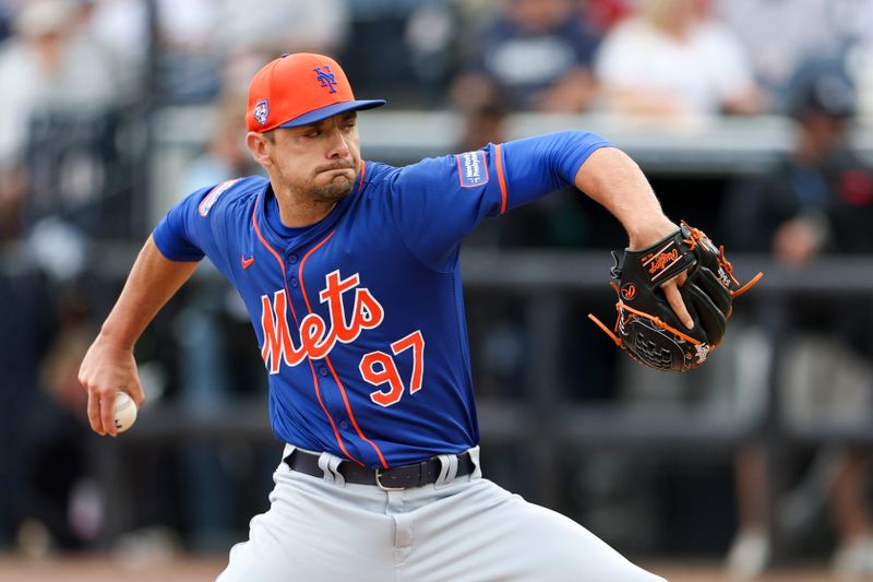 Mar 22, 2024; Tampa, Florida, USA;  New York Mets pitcher Hunter Parsons (97)  throws a pitch against the New York Yankees in the third inning at George M. Steinbrenner Field. Mandatory Credit: Nathan Ray Seebeck-USA TODAY Sports