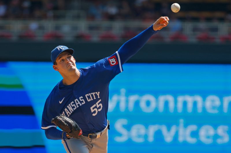 Aug 14, 2024; Minneapolis, Minnesota, USA; Kansas City Royals starting pitcher Cole Ragans (55) throws against the Minnesota Twins in the first inning at Target Field. Mandatory Credit: Bruce Kluckhohn-USA TODAY Sports