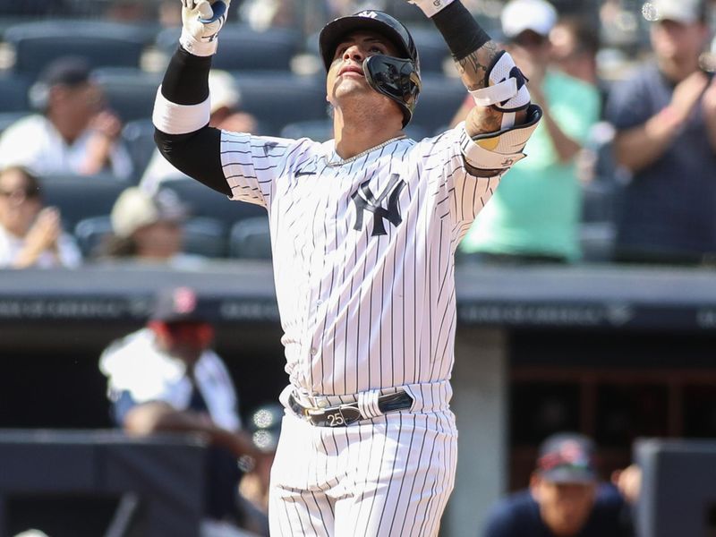Aug 20, 2023; Bronx, New York, USA;  New York Yankees second baseman Gleyber Torres (25) celebrates after hitting a solo home run in the sixth inning against the Boston Red Sox at Yankee Stadium. Mandatory Credit: Wendell Cruz-USA TODAY Sports
