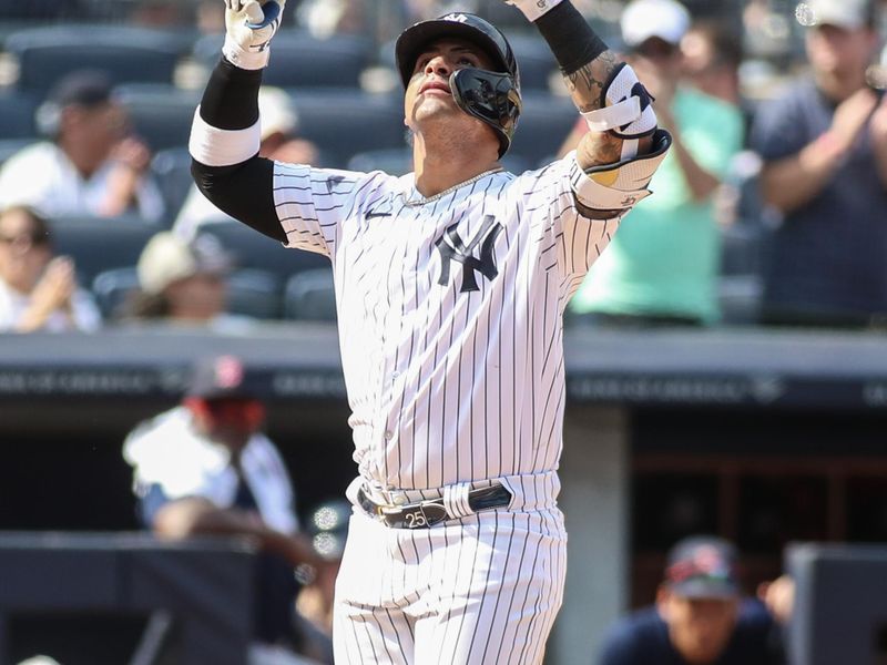 Aug 20, 2023; Bronx, New York, USA;  New York Yankees second baseman Gleyber Torres (25) celebrates after hitting a solo home run in the sixth inning against the Boston Red Sox at Yankee Stadium. Mandatory Credit: Wendell Cruz-USA TODAY Sports