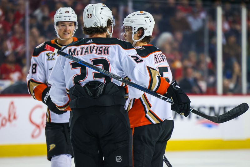 Apr 2, 2024; Calgary, Alberta, CAN; Anaheim Ducks center Mason McTavish (23) celebrates his goal with teammates against the Calgary Flames during the first period at Scotiabank Saddledome. Mandatory Credit: Sergei Belski-USA TODAY Sports