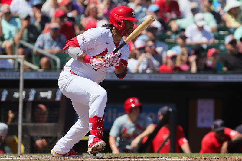 Mar 11, 2024; Jupiter, Florida, USA; St. Louis Cardinals shortstop Brandon Crawford (35) hits a single against the Washington Nationals during the third inning at Roger Dean Chevrolet Stadium. Mandatory Credit: Sam Navarro-USA TODAY Sports