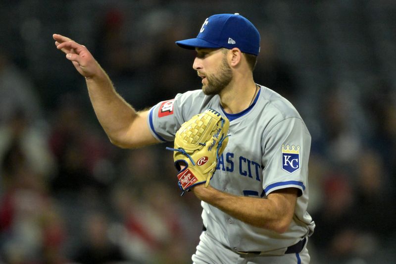 May 9, 2024; Anaheim, California, USA;  Kansas City Royals pitcher Michael Wacha (52) delivers to the plate in the sixth inning against the Los Angeles Angels at Angel Stadium. Mandatory Credit: Jayne Kamin-Oncea-USA TODAY Sports