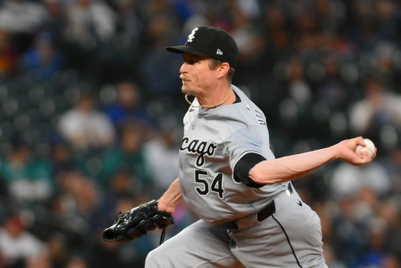 Jun 11, 2024; Seattle, Washington, USA; Chicago White Sox relief pitcher Tim Hill (54) pitches to the Seattle Mariners during the eighth inning at T-Mobile Park. Mandatory Credit: Steven Bisig-USA TODAY Sports