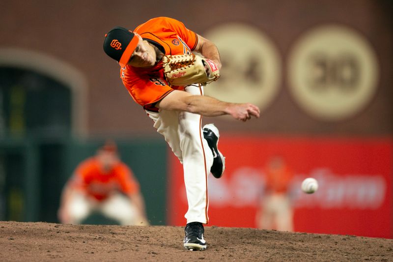 Aug 9, 2024; San Francisco, California, USA; San Francisco Giants pitcher Tyler Rogers (71) delivers a pitch against the Detroit Tigers during the ninth inning at Oracle Park. Mandatory Credit: D. Ross Cameron-USA TODAY Sports