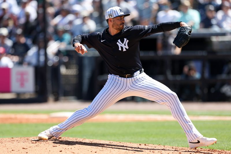 Mar 18, 2025; Tampa, Florida, USA; New York Yankees pitcher Geoff Haartlieb (64) throws a pitch against the Boston Red Sox in the fifth inning during spring training at George M. Steinbrenner Field. Mandatory Credit: Nathan Ray Seebeck-Imagn Images
